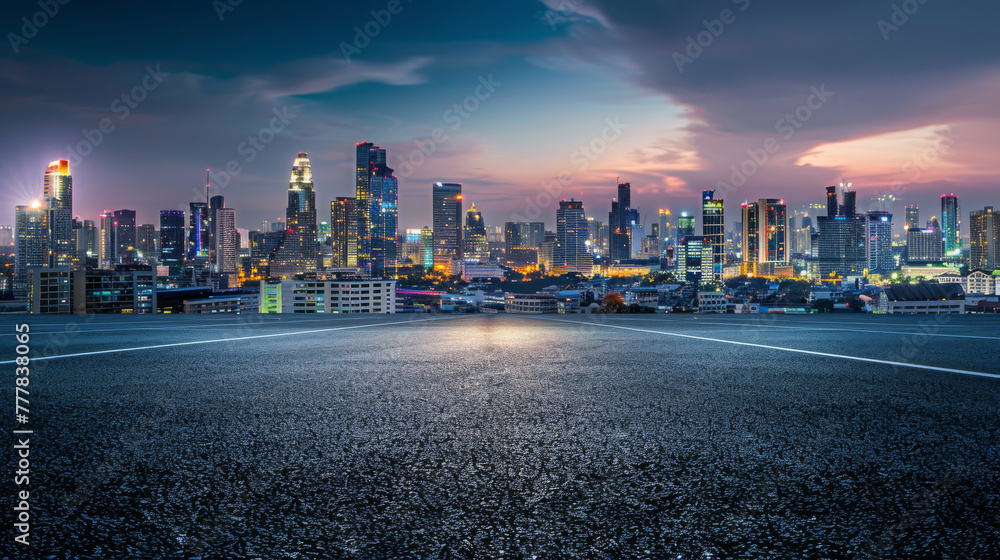 Bangkok urban cityscape skyline night scene with empty asphalt floor on front 