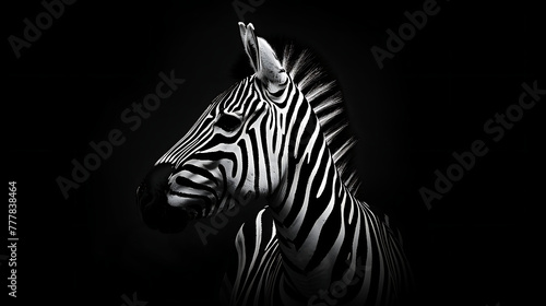 a zebra against a dark background  with its distinctive black and white stripes illuminated dramatically