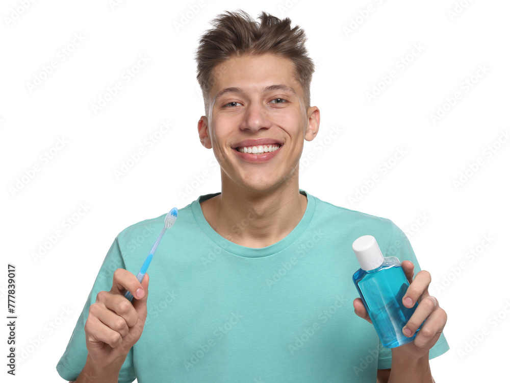 Young man with mouthwash and toothbrush on white background Young man with mouthwash and toothbrush on white background