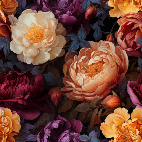 Seamless vintage pattern with colorful peonies. Vector background in oil painting Dutch still life masterpieces style.