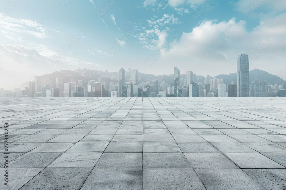 Empty square floor and city skyline with building background Empty square floor and city skyline with building background