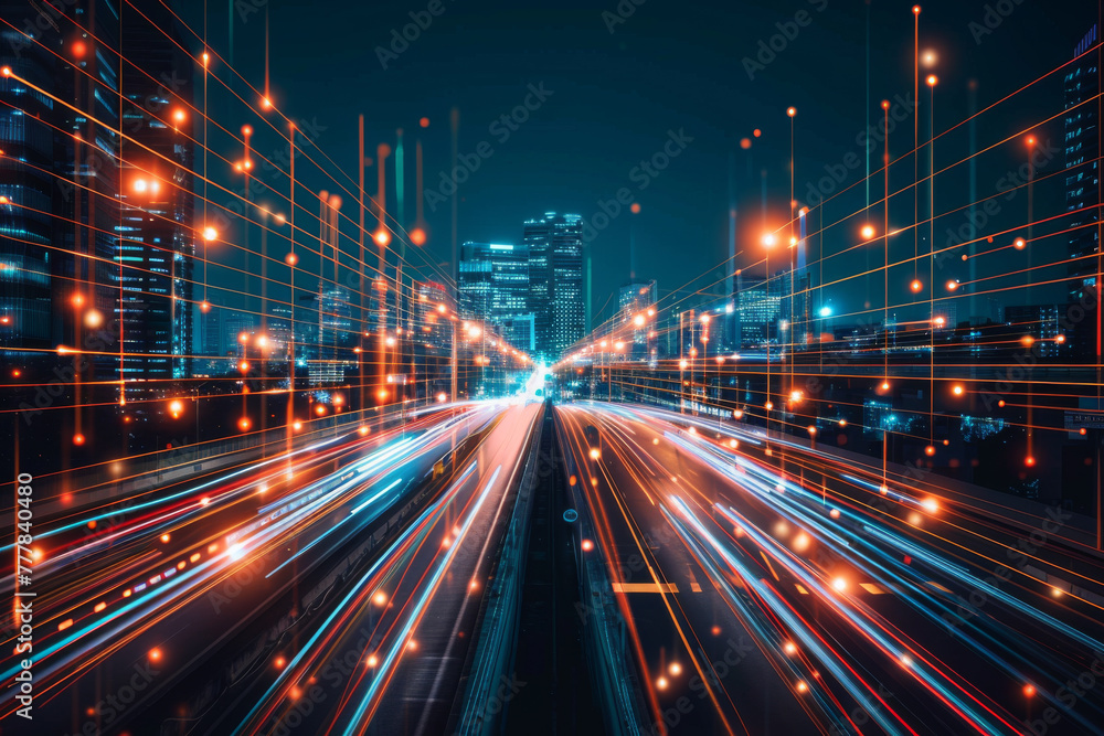 Fototapeta premium Smart city and abstract polygon pattern connection with speed line light, big data connection technology concept