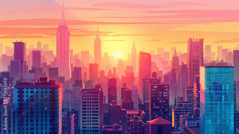 Sunset or sunrise Modern city skyscrapers panorama of tall buildings urban background. 