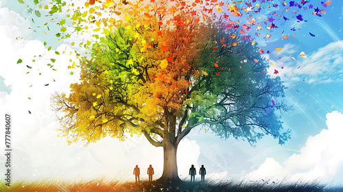 a stylized, colorful tree undergoing the seasonal transition from summer to autumn.