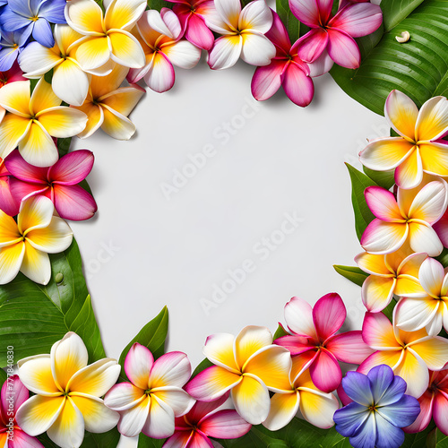 Square close-up view of fresh plumeria daisy cosmos and periwinkle flowers frame border © Spring of Sheba