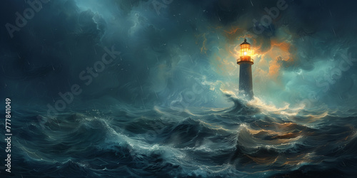 Witness the strength of nature portrayed in digital painting, where a lighthouse withstands colossal storm waves amidst turbulent cloud formations, symbolizing resilience and the force of nature. photo