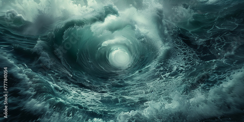 Digital illustration of an enormous vortex at sea, with water swirling into an abyss surrounded by the power of turbulent waves.