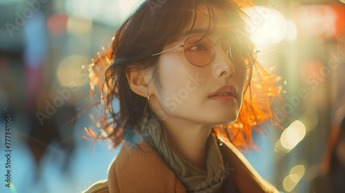 A young Korean woman commute on Seoul subway, her graceful presence a quiet contrast to the city's bustling morning, against the backdrop of a waking city.