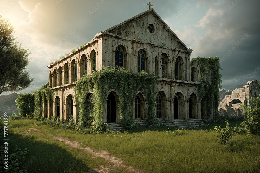 An old, abandoned church with overgrown vines covering the walls and windows.