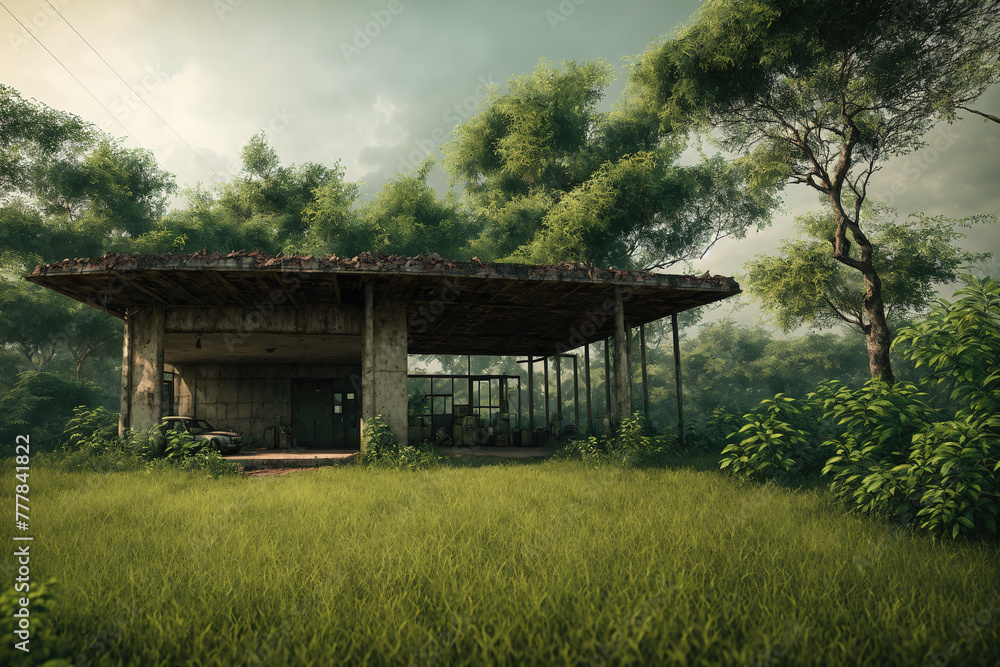 A small, dilapidated shack in the middle of a dense forest. A small, dilapidated shack in the middle of a dense forest.