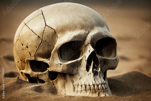 A skull buried in the sand.