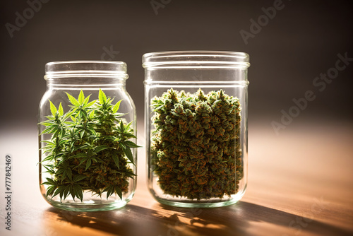 Two glass jars filled with marijuana plants.