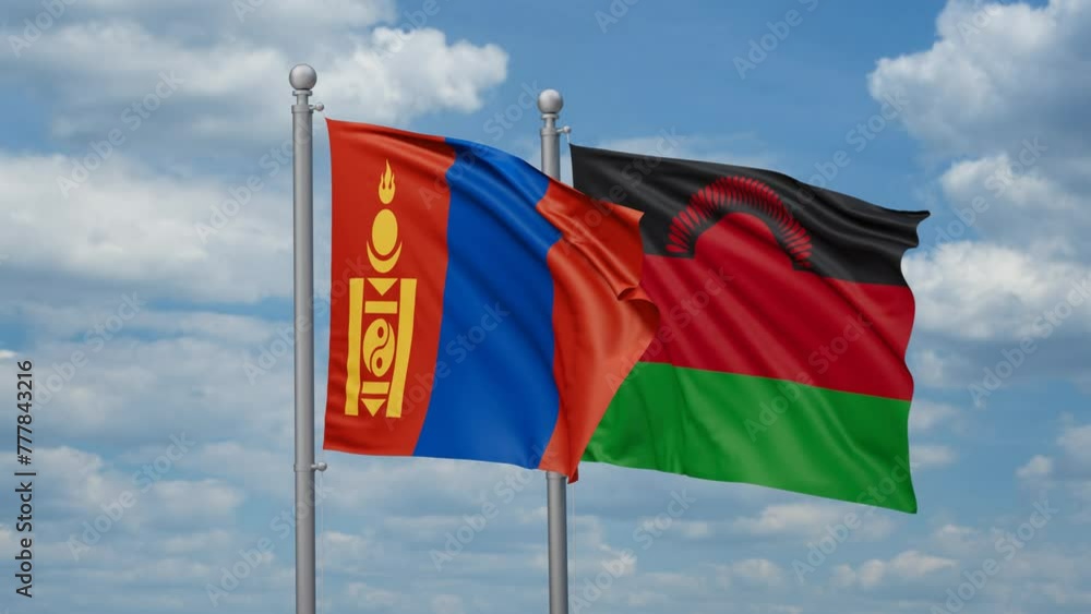 Malawi and Mongolia two flags waving together, looped video, two country relations concept Malawi and Mongolia two flags waving together, looped video, two country relations concept