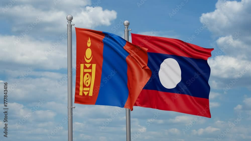 Laos and Mongolia two flags waving together, looped video, two country relations concept Laos and Mongolia two flags waving together, looped video, two country relations concept