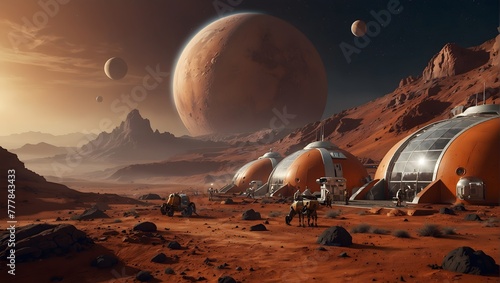 A detailed illustration of a futuristic space colony on Mars, featuring domed habitats and advanced rovers exploring the red landscape Generative AI © Haroon