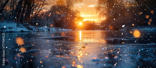 Breathtaking Sunset Bokeh Reflections on Icy Winter River