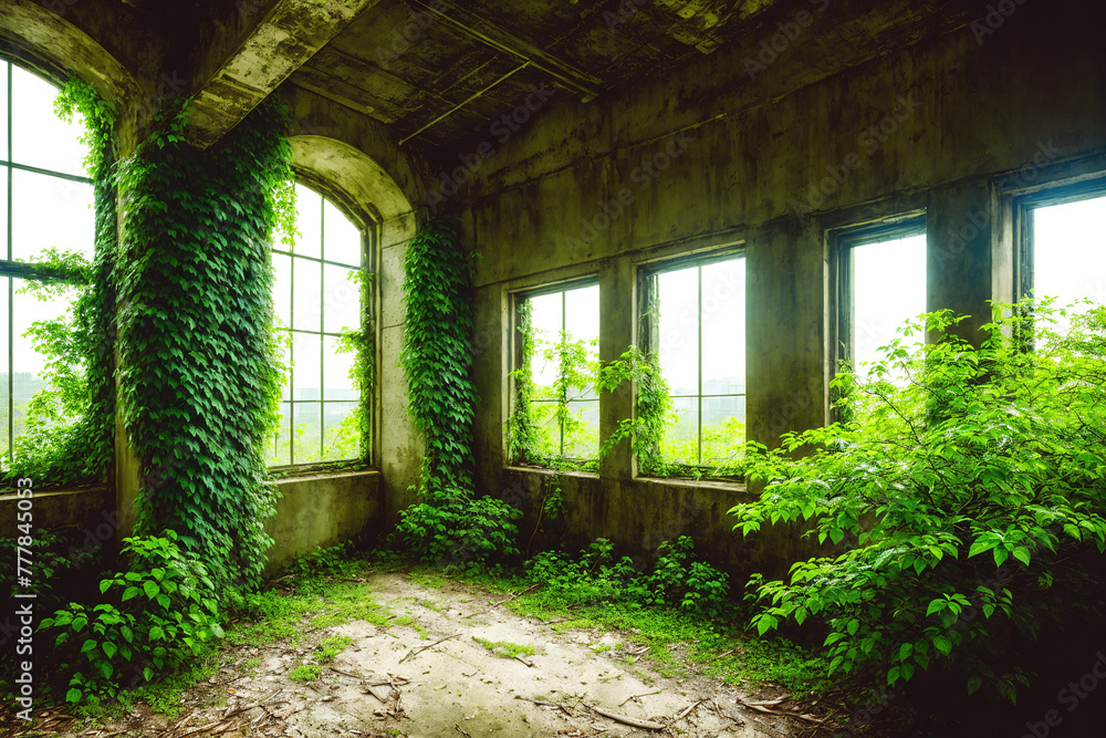 An old, abandoned building with overgrown vines growing out of the windows. An old, abandoned building with overgrown vines growing out of the windows.