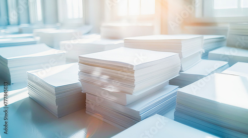 Stacks of blank white paper on a bright, sunny desk, suggesting a busy office or print environment, Reduce paper reduce carbon, Quit using paper, save trees, go digital. photo