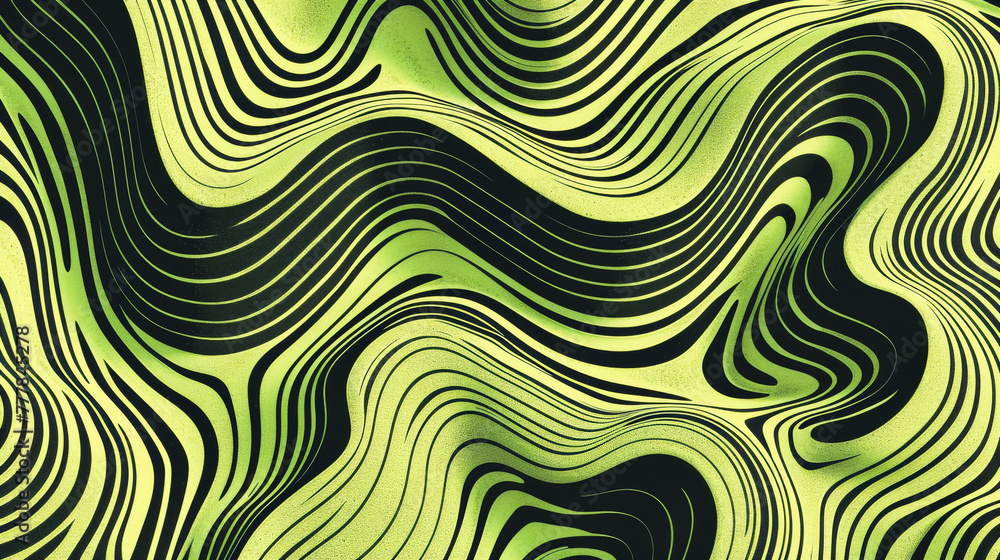 Abstract wavy lines in green and black creating a hypnotic, psychedelic pattern. Optical illusion, art backdrop, or wallpaper design.