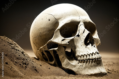 A skull buried in the sand.