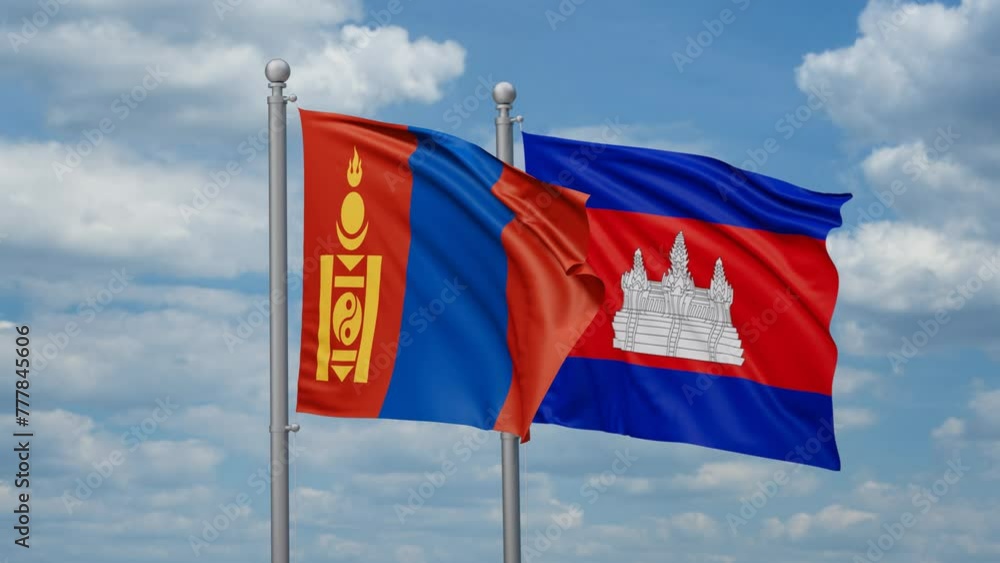 Cambodia and Mongolia two flags waving together, looped video, two country relations concept Cambodia and Mongolia two flags waving together, looped video, two country relations concept