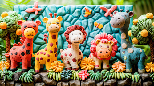 Colorful ceramic animal figurines featuring giraffes  a lion  and a hippo displayed amidst a decorative plant-themed backdrop.