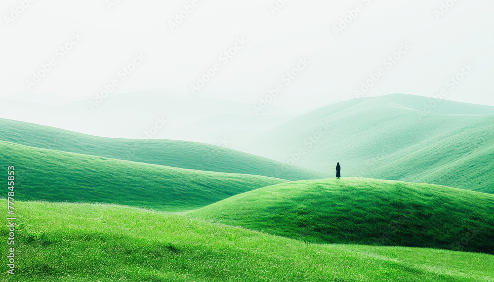 A solitary figure stands amidst vast rolling green hills shrouded in a soft mist, evoking a serene, contemplative atmosphere.