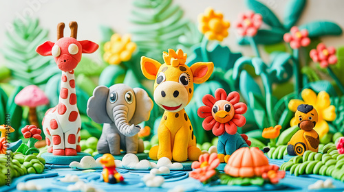 Fototapeta Naklejka Na Ścianę i Meble -  Colorful fondant jungle animals, including a giraffe, elephant, and lion, on a cake with a tropical flora backdrop.
