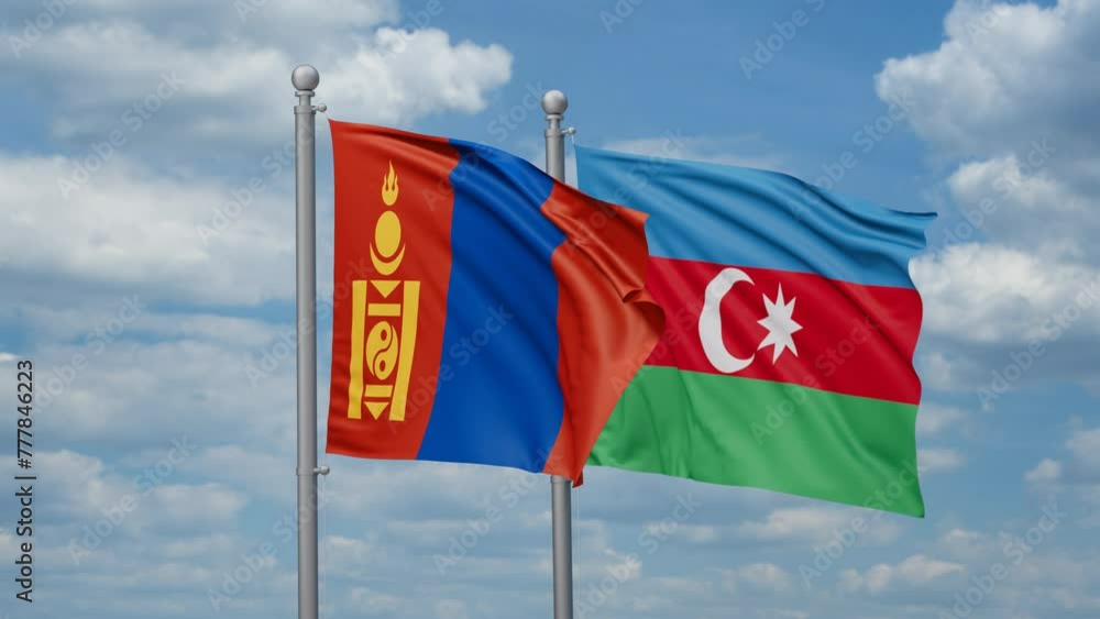 Azerbaijan and Mongolia two flags waving together, looped video, two country cooperation concept Azerbaijan and Mongolia two flags waving together, looped video, two country cooperation concept