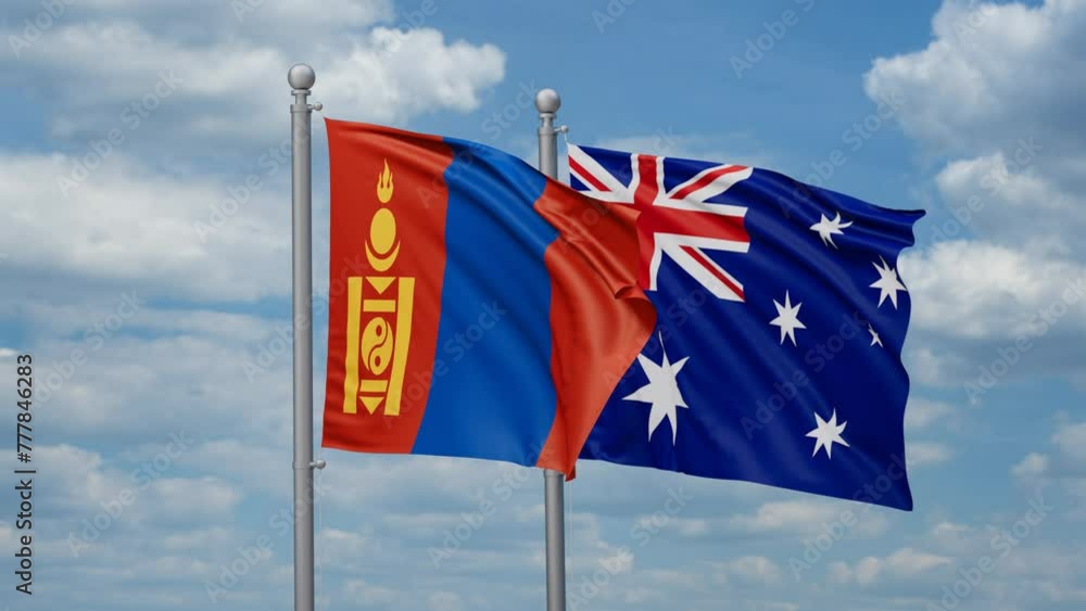 Australia and Mongolia two flags waving together, looped video, two country relations concept Australia and Mongolia two flags waving together, looped video, two country relations concept