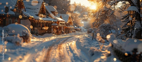 Golden Hour Bokeh Sunset Illuminating Snowy Village Square with Romantic Atmosphere photo