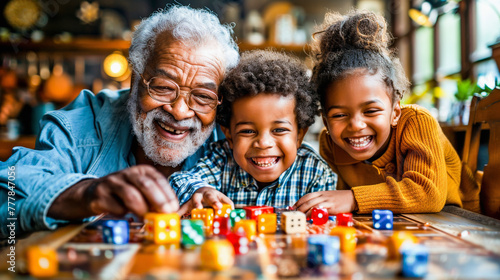 A joyful grandfather playing a board game with his two grandchildren, showcasing colorful dice and a happy, multigenerational family moment.