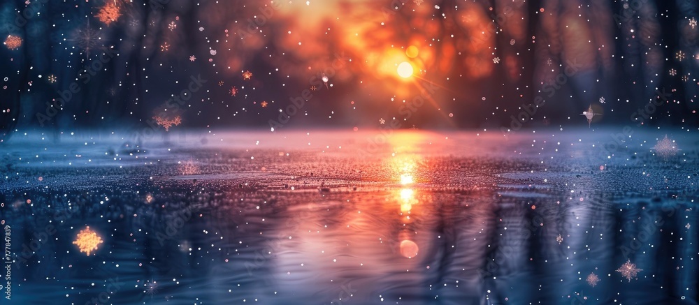 Tranquil Winter Sunset Bokeh light Blurstyle ice pond with snowflakes falling
