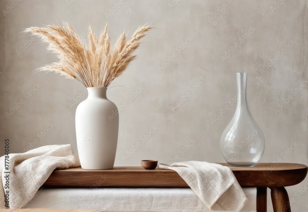 Modern white ceramic vase with dried Lagurus ovatus grass and marble tray in Scandinavian Interior.