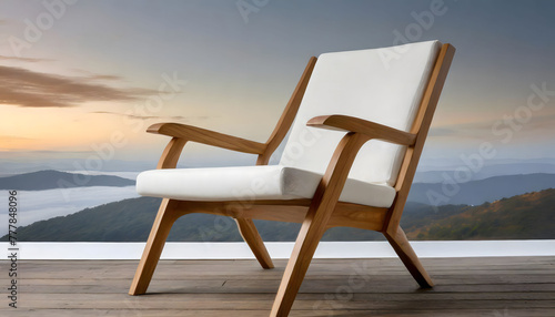 A white chair with wooden legs  armrests  and a sleek rectangular design  ideal for outdoor settings  presented against a clean white background.