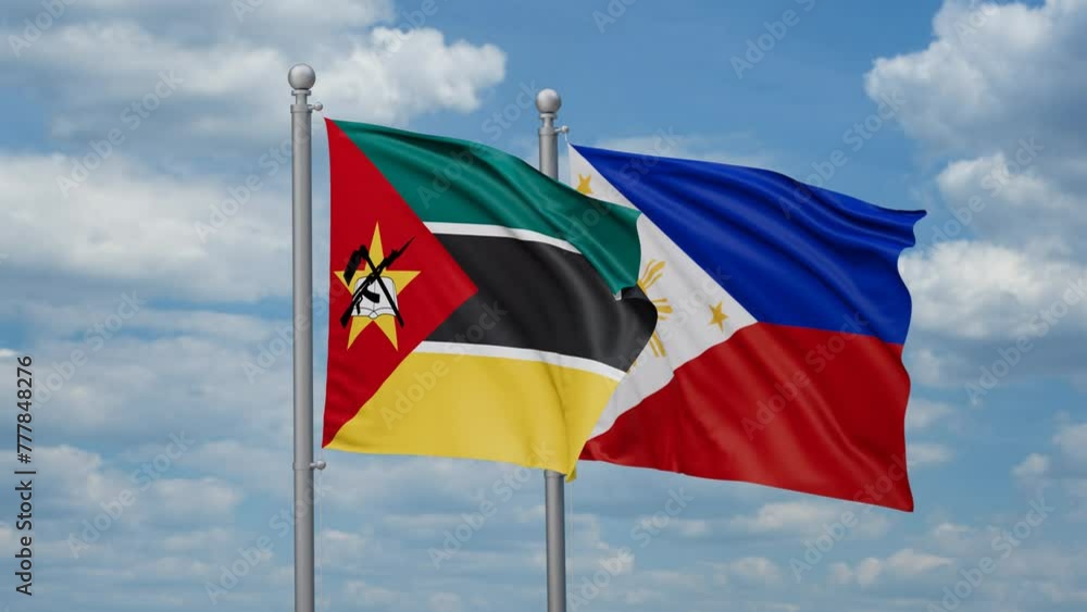 Philippines and Mozambique two flags waving together, looped video, two country cooperation concept Philippines and Mozambique two flags waving together, looped video, two country cooperation concept