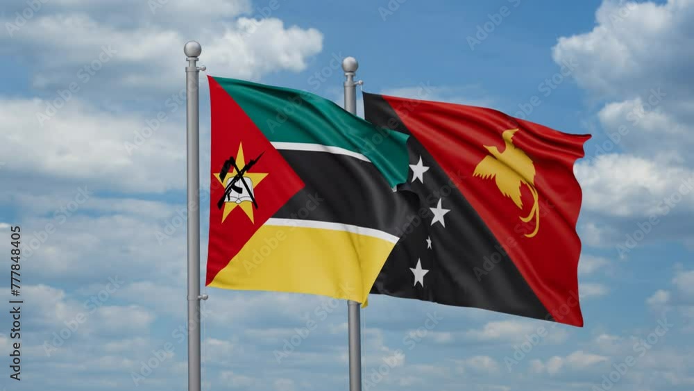Papua New Guinea and Mozambique two flags waving together, looped video, two country relations concept Papua New Guinea and Mozambique two flags waving together, looped video, two country relations concept