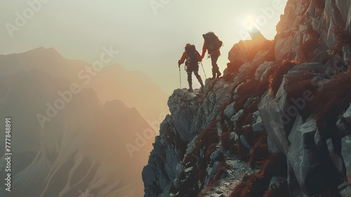 A supportive hiker assisting a friend to reach the mountain summit, symbolizing teamwork and camaraderie in achieving goals. photo