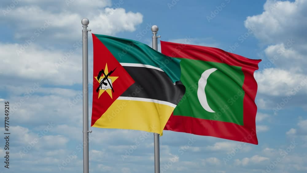 Maldives and Mozambique two flags waving together, looped video, two country relations concept Maldives and Mozambique two flags waving together, looped video, two country relations concept