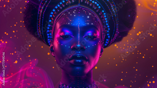 A futuristic goddess with dark skin and vibrant purple hair stands tall against a backdrop of ling stars and neon lights. Her elaborate headpiece and ornate garments draw from African .
