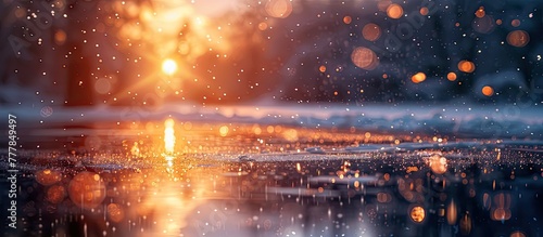 Breathtaking Sunset Bokeh A Frozen Lakes Twilight Glow Amid Swirling Snowflakes