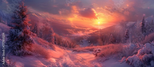 Pastel Bokeh Sunset Casting a Warm Invitation Over SnowCovered Winter Valley