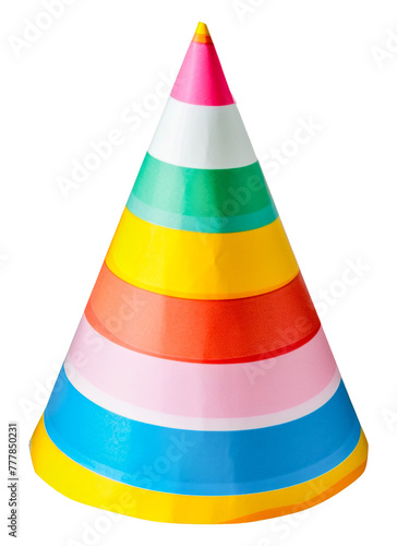 A colorful paper hat with stripes of pink, yellow, green, and blue, cut out - stock png.