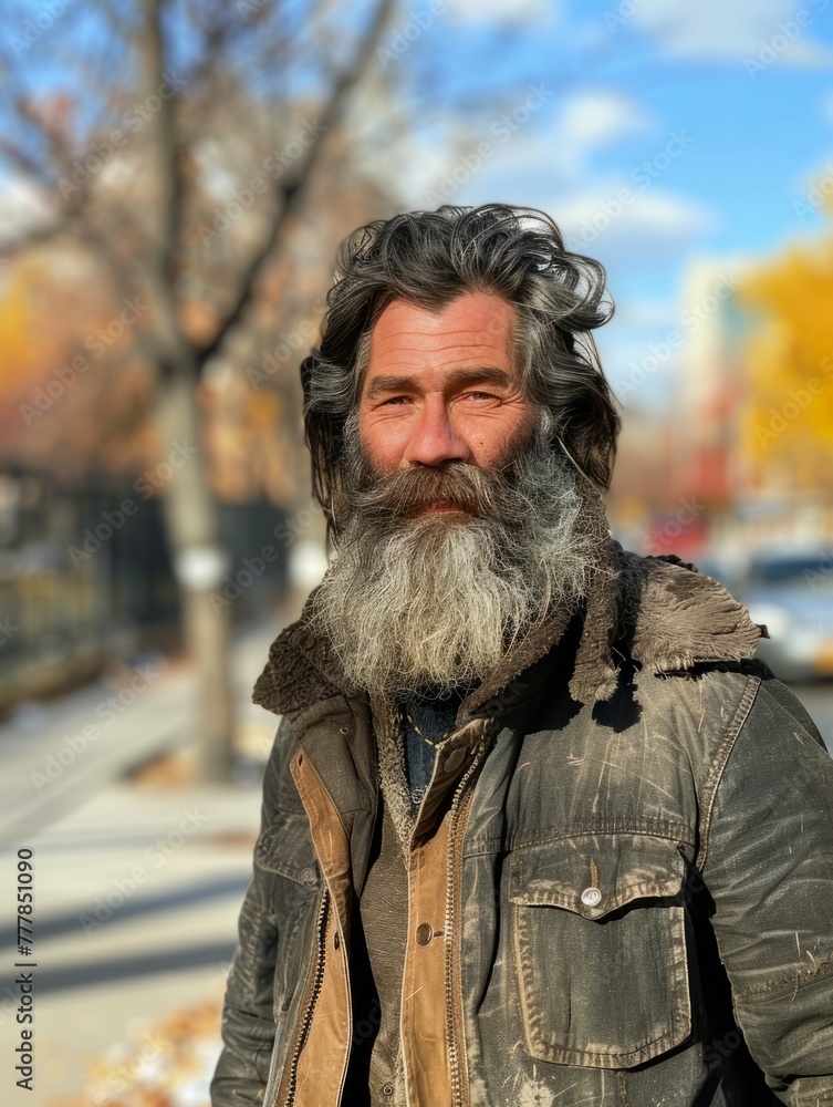 Bearded elderly man portrait with fall trees - An elderly man with a thick beard poses with colorful autumn trees behind him in natural daylight