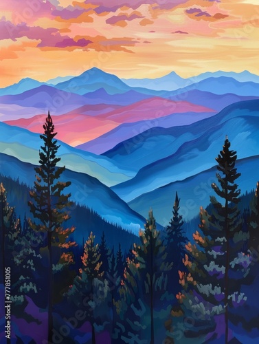 Colorful stylized mountain landscape at dusk - Artistic rendition of a mountain landscape at dusk with vibrant, stylized colors and forested foreground