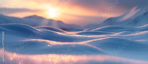 Tranquil Solitude Snowcovered Hills Bask in the Warmth of a Peaceful Sunset photo