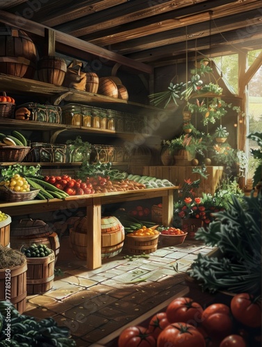 Rustic wooden shelves stocked with produce - A sunlit cozy wooden pantry filled with fresh vegetables and fruits, showcasing an abundance of organic produce