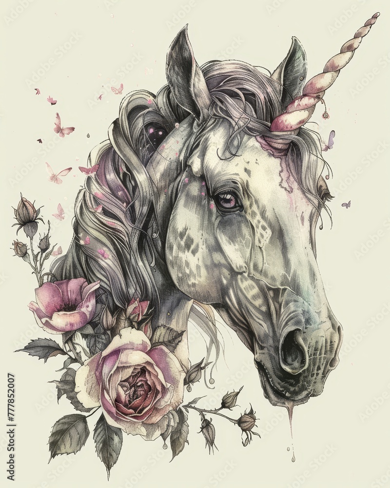 Close-up unicorn, rose, pastel ink illustration, very low detail, very minimalistic, high contrast minimalism illustration