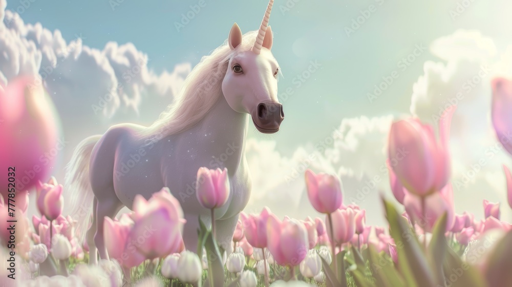 Fototapeta premium In a whimsical scene, a close-up captures a white unicorn surrounded by fluffy clouds, Minimalistic tulips add a pop of turquoise, creating a dreamy atmosphere of innocence and magic