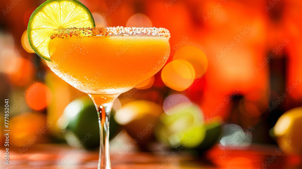 A margarita cocktail with a salt rim and lime garnish, presented in a classic glass with a bokeh background. A margarita cocktail with a salt rim and lime garnish, presented in a classic glass with a bokeh background.